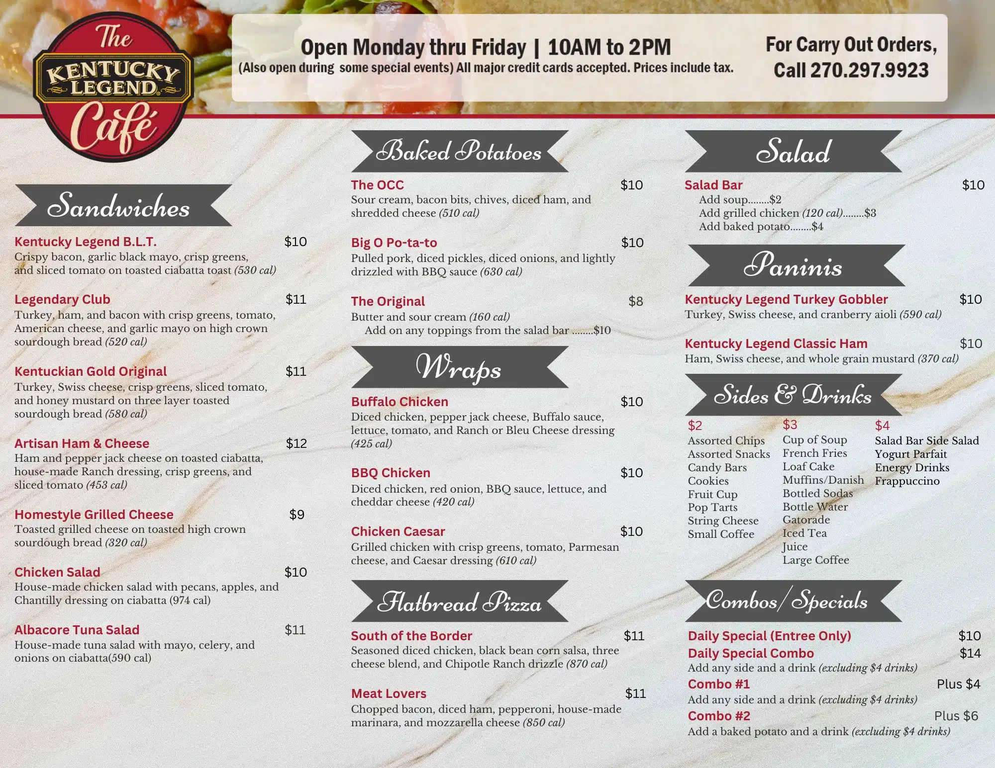 Kentucky Legend Cafe Menu
